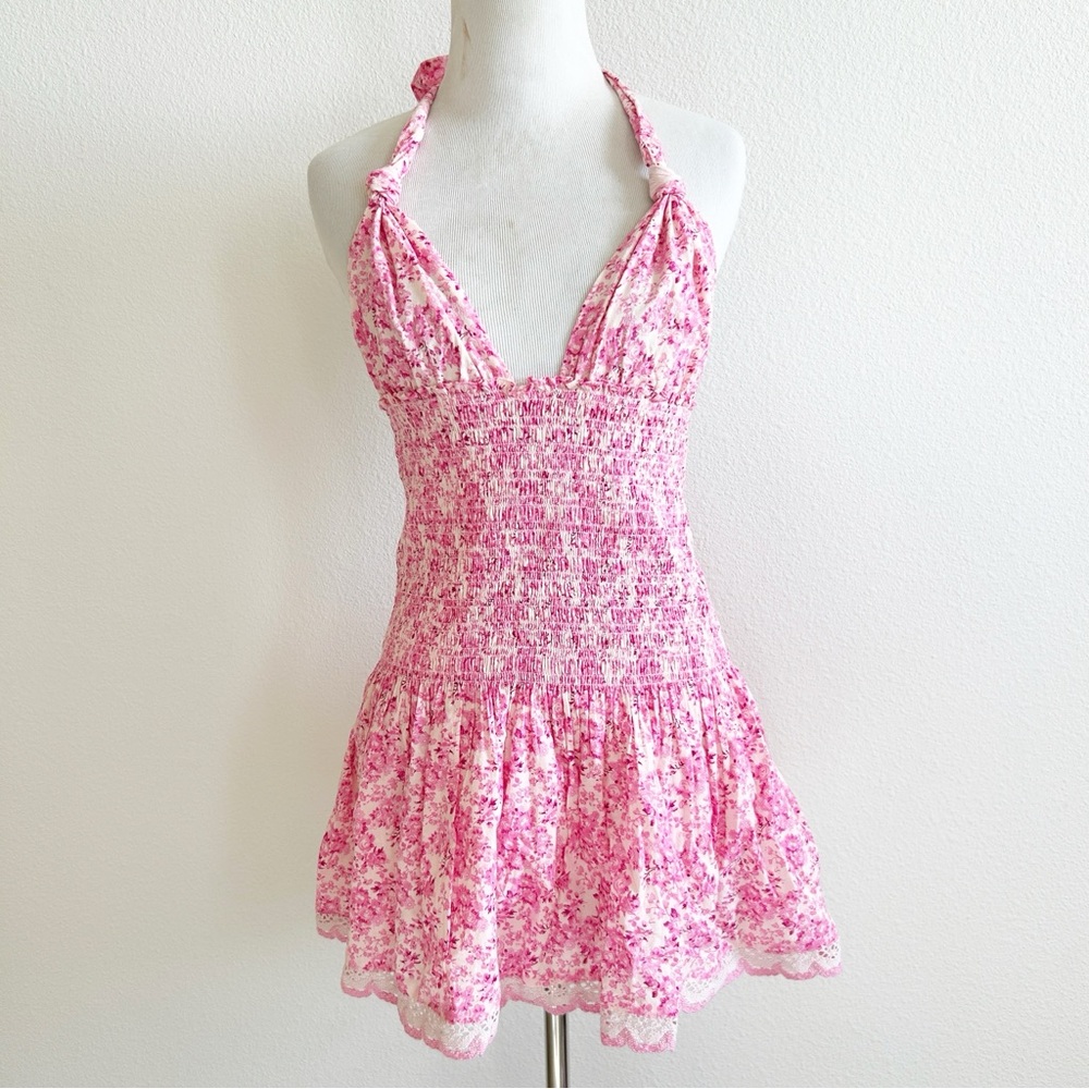 LoveShackFancy Pink Textured Halter Smocked Dress Luisetta in Berry Fields